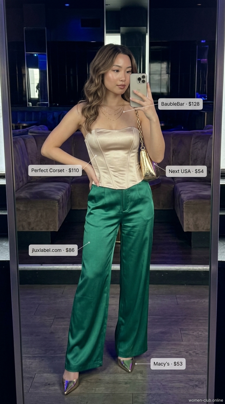 Summer party hot outfit for women 2026: Emerald green satin pants, nude corset top for a luxurious rooftop party.