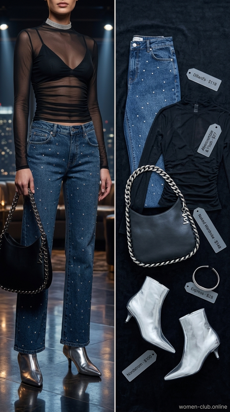 Summer party hot outfit for women 2026: Dark wash rhinestone jeans, black mesh top, silver boots for a daring concert look.