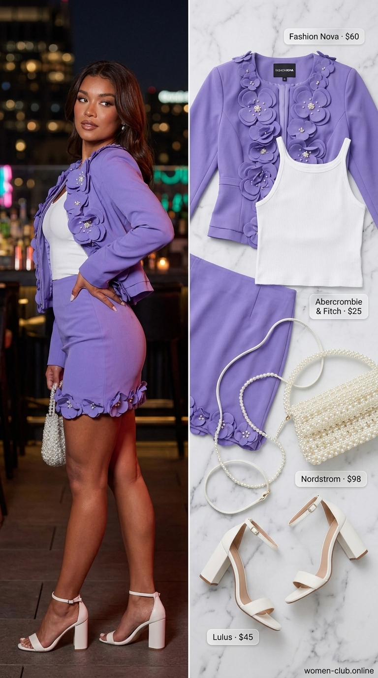Summer party hot outfit for women 2026: Lavender blazer skirt set, white heels for a playful fashion event.