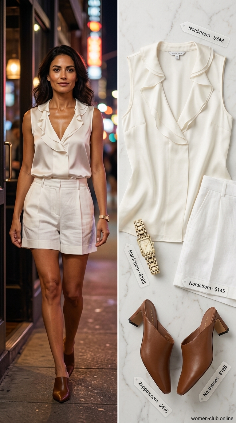 Summer party hot outfit for women 2026: Crisp white Bermuda shorts, silk blouse, tan mules for a polished brunch look.