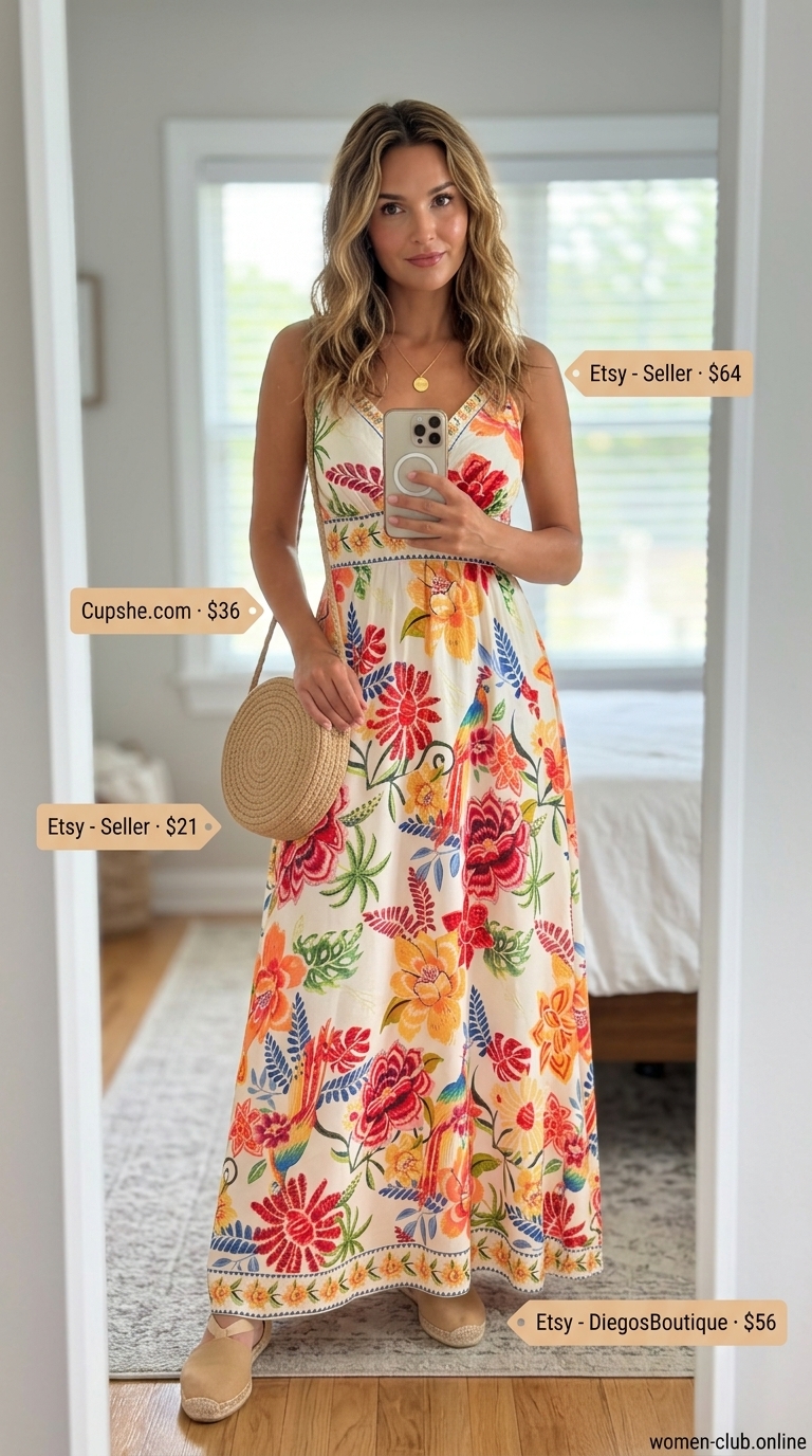 Summer party hot outfit for women 2026: Tropical floral maxi dress, espadrilles for a bohemian garden party.