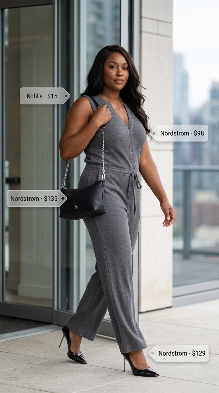 Summer trendy work outfits for women 2026: Charcoal grey jumpsuit, black pumps, silver necklace for a sleek look.