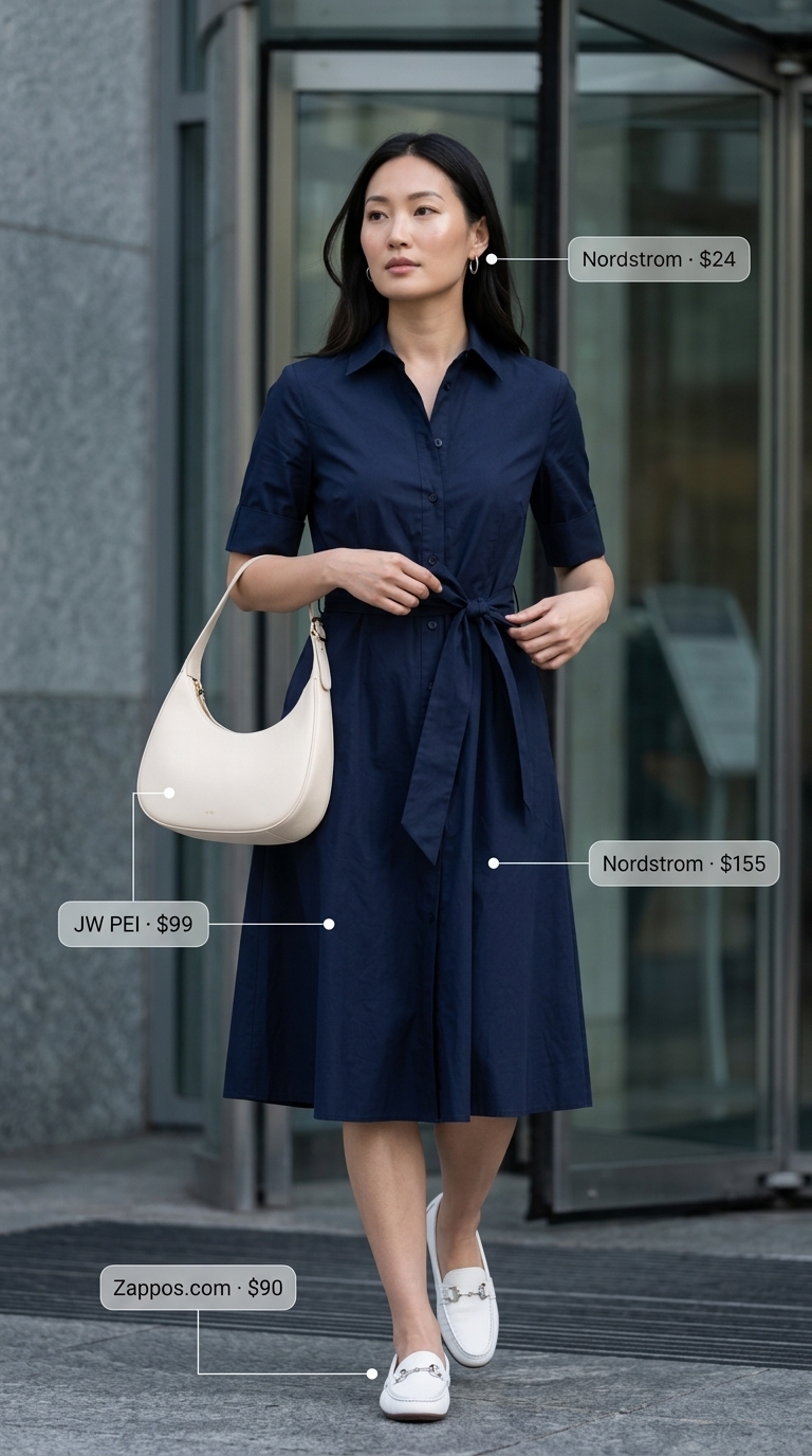 Summer trendy work outfits for women 2026: Navy shirt dress, white loafers, silver earrings for a minimalist look.
