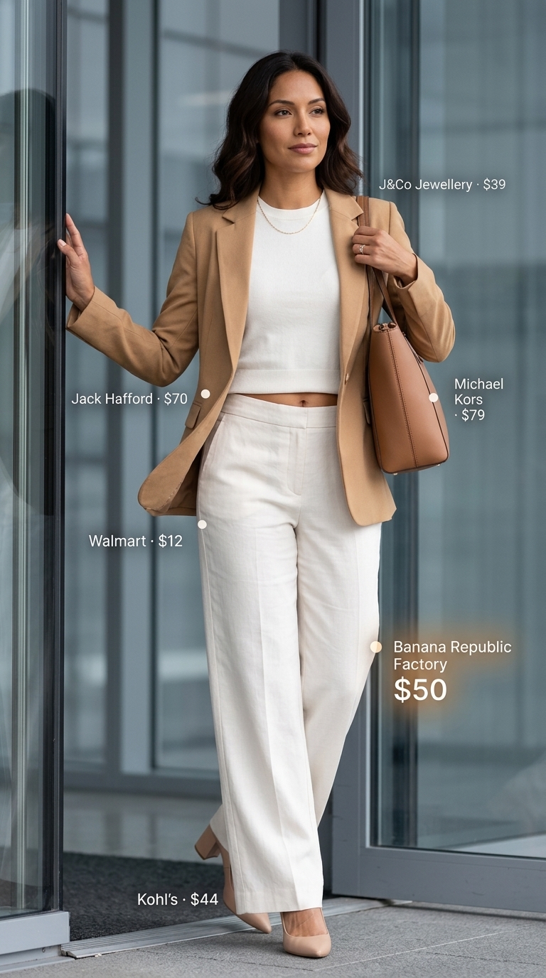 Summer trendy work outfits for women 2026: Ivory linen pants, camel blazer, gold necklace for quiet luxury.