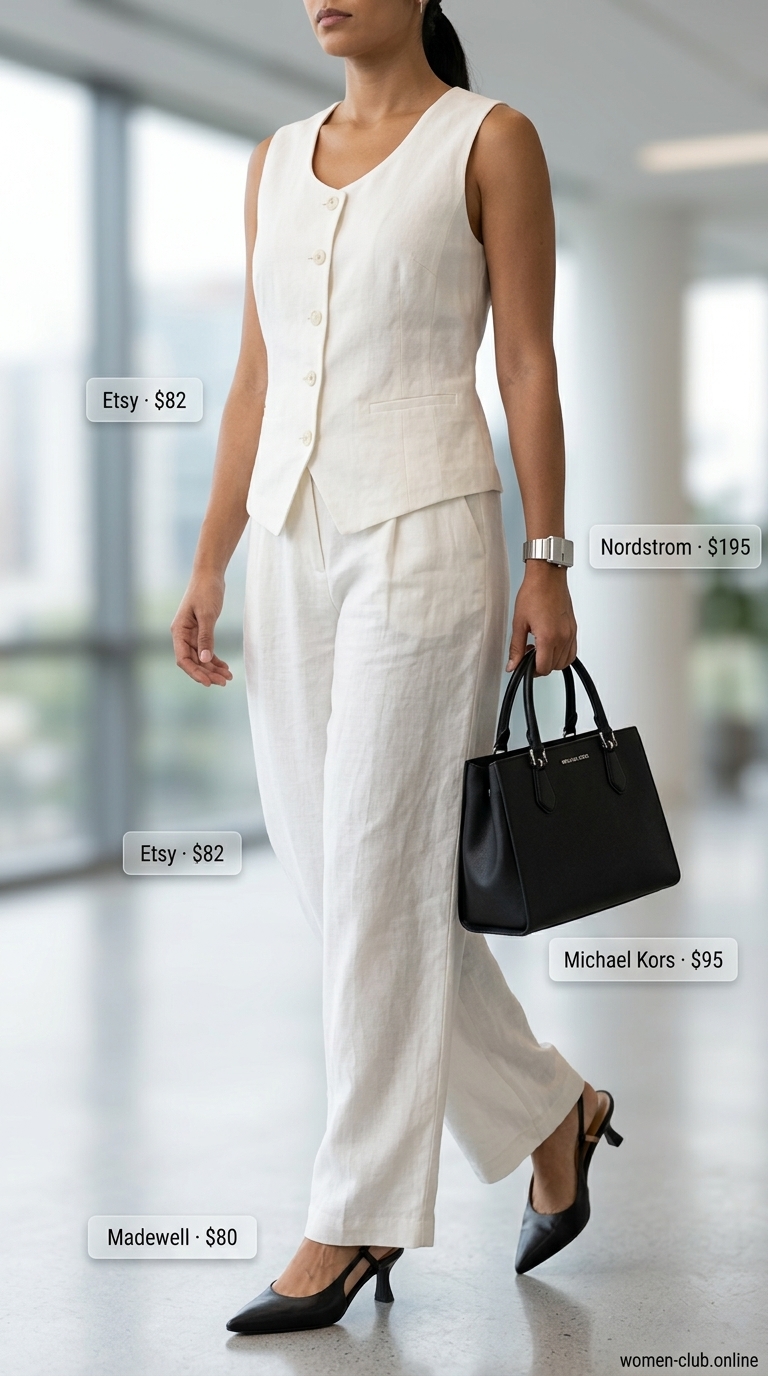 White linen vest and trousers set for summer trendy work outfits for women 2026. Authoritative monochrome office look.