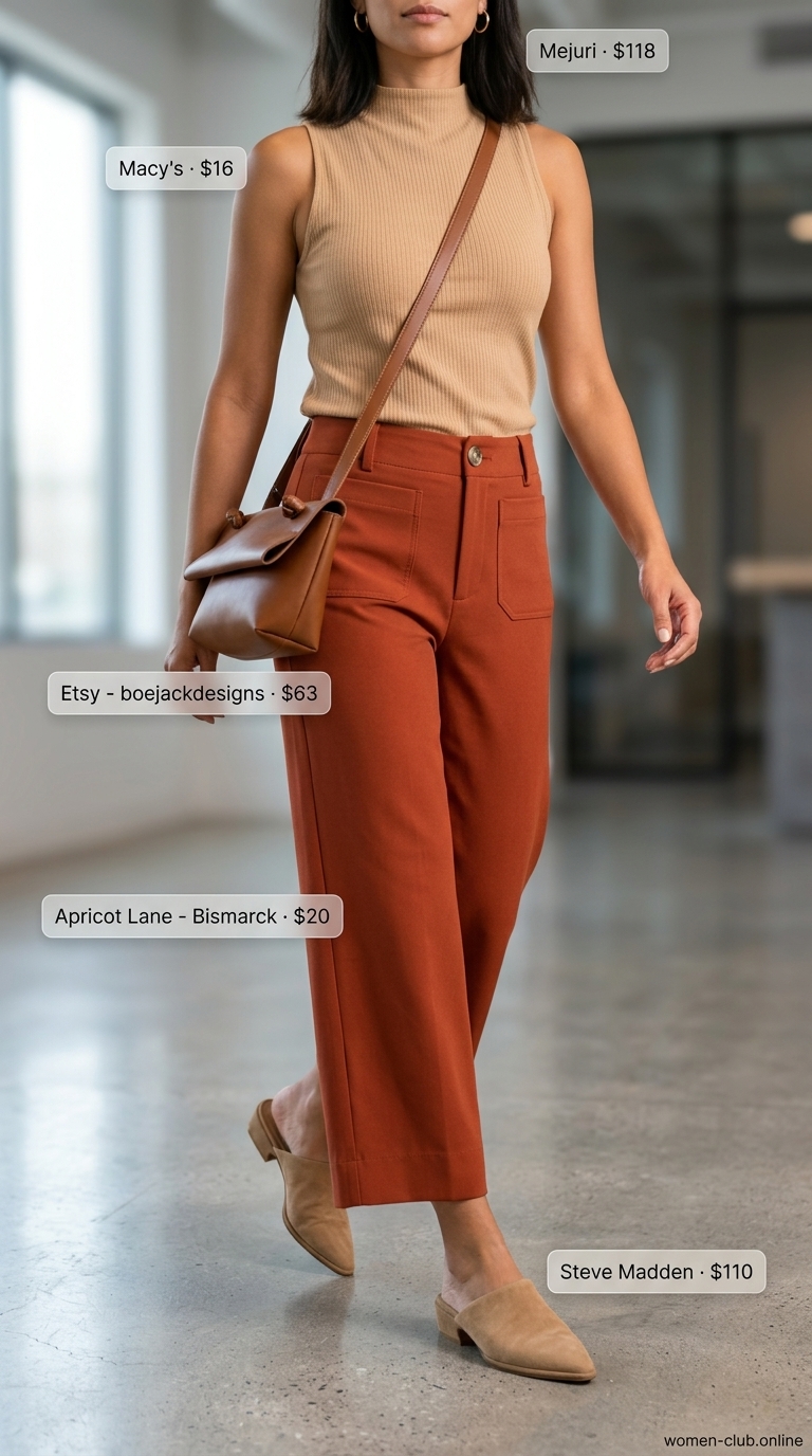 Summer trendy work outfits for women 2026: Terracotta cropped trousers, cream sleeveless top, cognac crossbody, and tan mules.