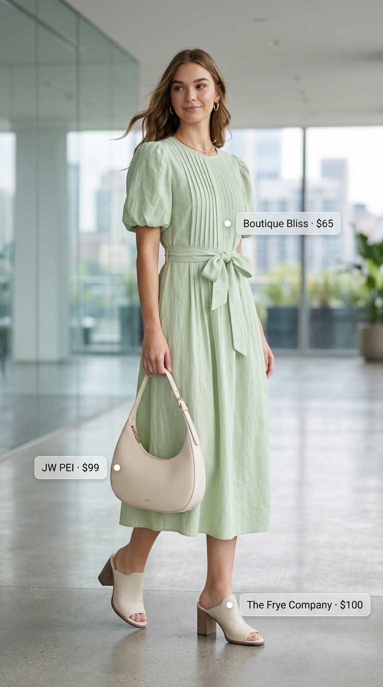 Summer trendy work outfits for women 2026: Mint green midi dress, cream mules, gold necklace for an elegant look.