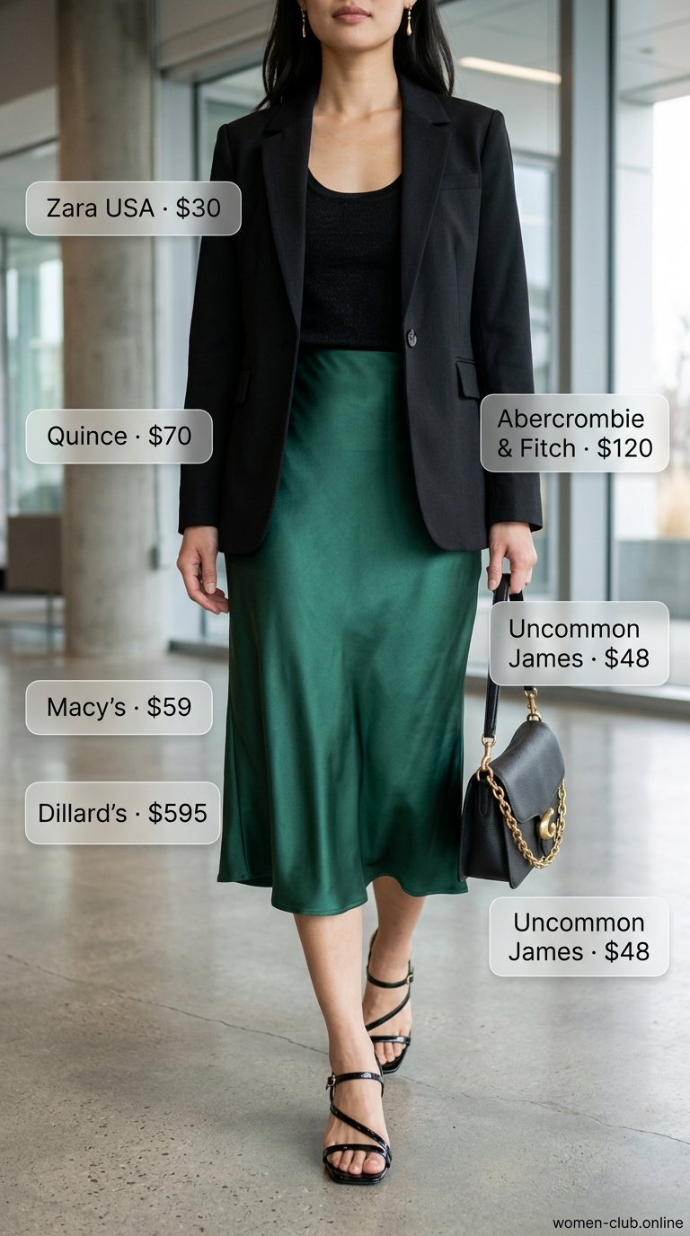 Emerald green satin midi skirt outfit for summer trendy work outfits for women 2026. Sophisticated office look with blazer.