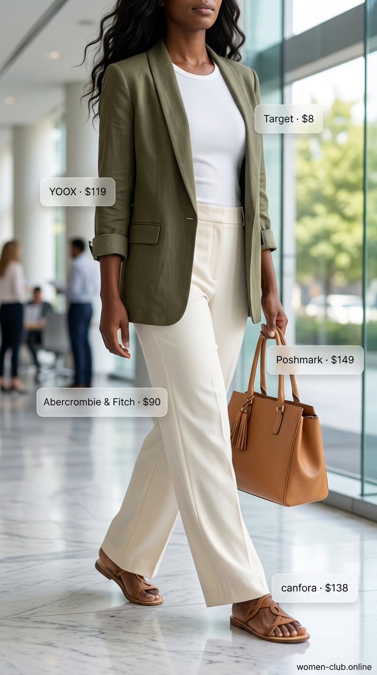 Summer trendy work outfits for women 2026: Olive green blazer, white trousers, tan sandals, tan tote, and white tank.