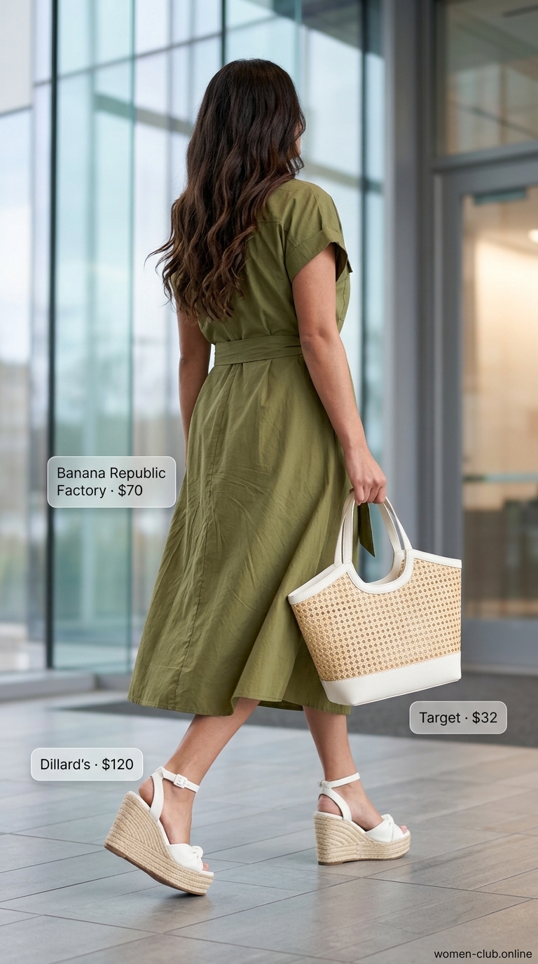 Summer trendy work outfits for women 2026: Sage green shirt dress, white espadrilles, straw tote, wood earrings.