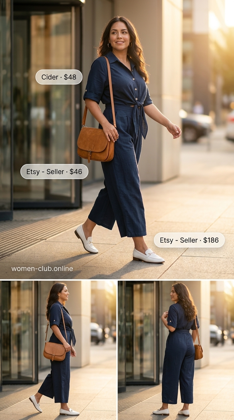 Navy utility jumpsuit for summer trendy work outfits for women 2026. Trendy and comfortable office casual look.