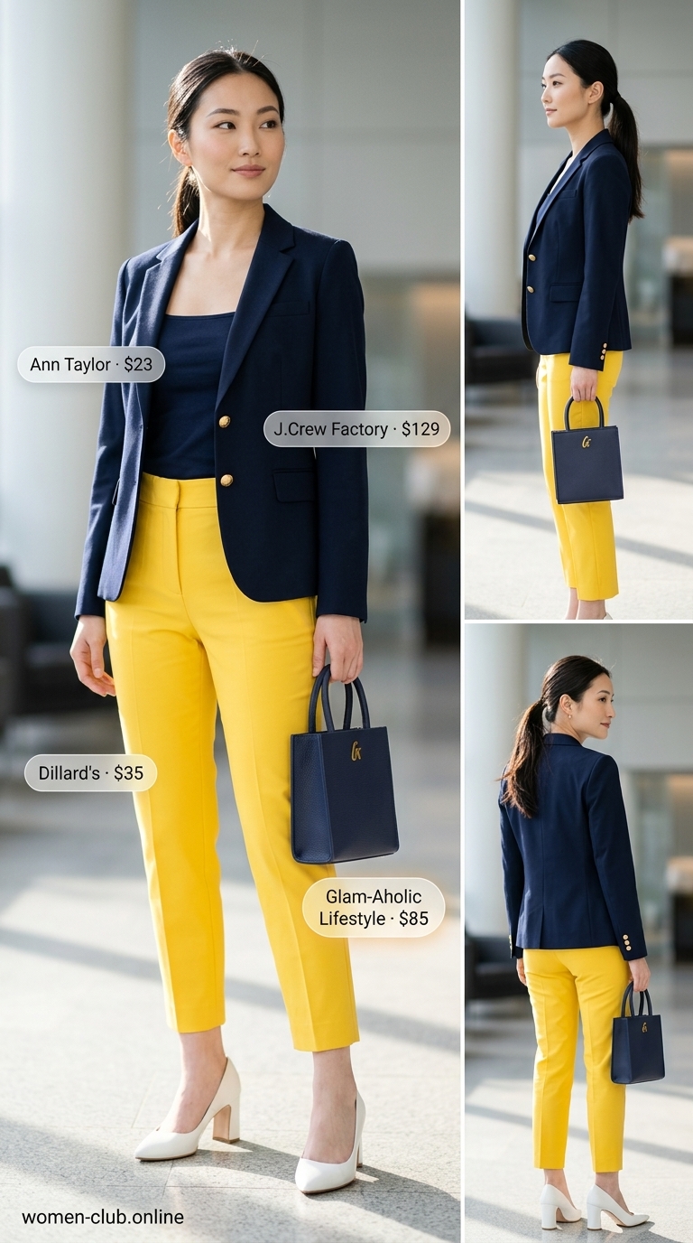 Summer trendy work outfits for women 2026: Yellow pants, navy blazer, white pumps for a vibrant office look.