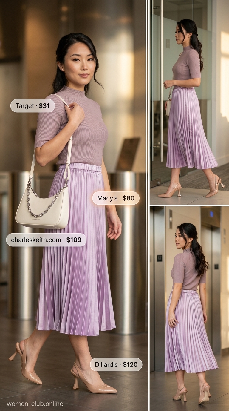 Summer trendy work outfits for women 2026: Lavender pleated midi skirt, cream knit top, nude slingbacks, and silver earrings.