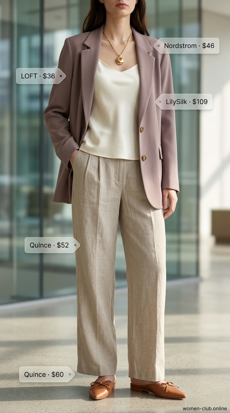 Summer trendy work outfits for women 2026: Cream linen pants, tan blazer, silk cami for sophisticated workwear.