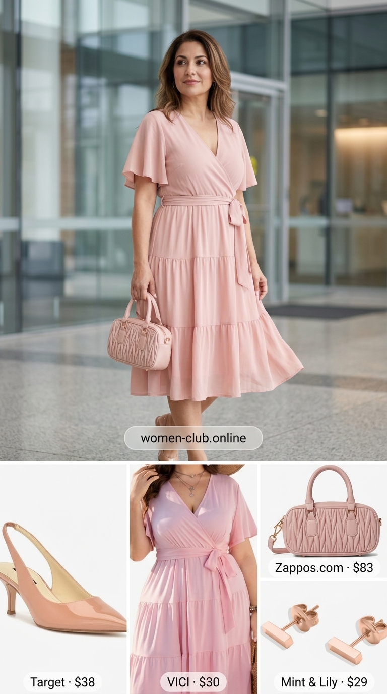 Summer trendy work outfits for women 2026: Blush pink wrap dress, nude pumps, rose gold earrings for feminine style.