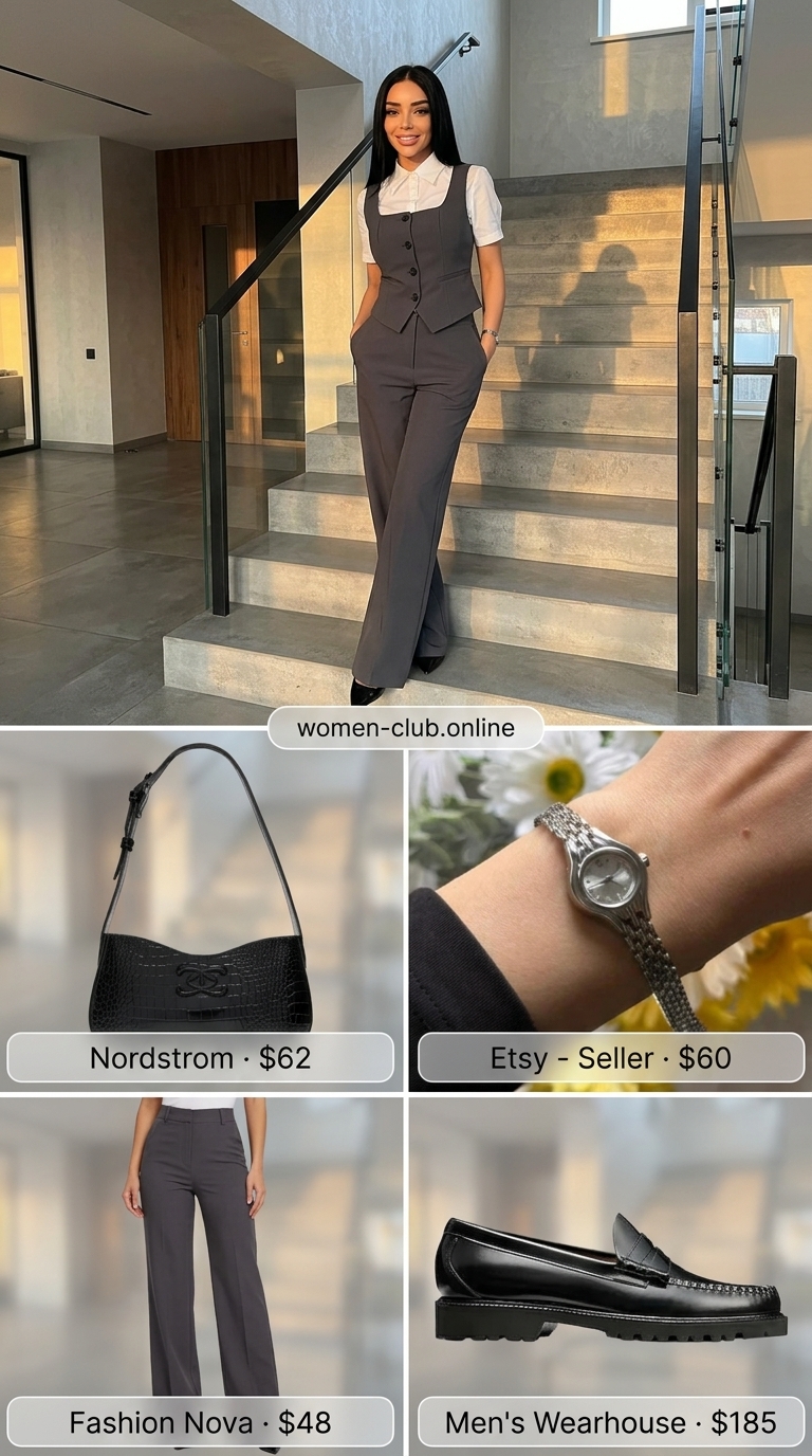 Charcoal grey vest and trousers set for summer trendy work outfits for women 2026. Sophisticated androgynous office chic.