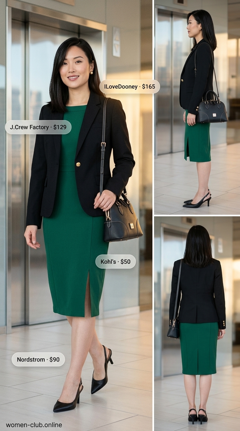 Summer trendy work outfits for women 2026: Emerald green sheath dress, black blazer, gold earrings, and black pumps.