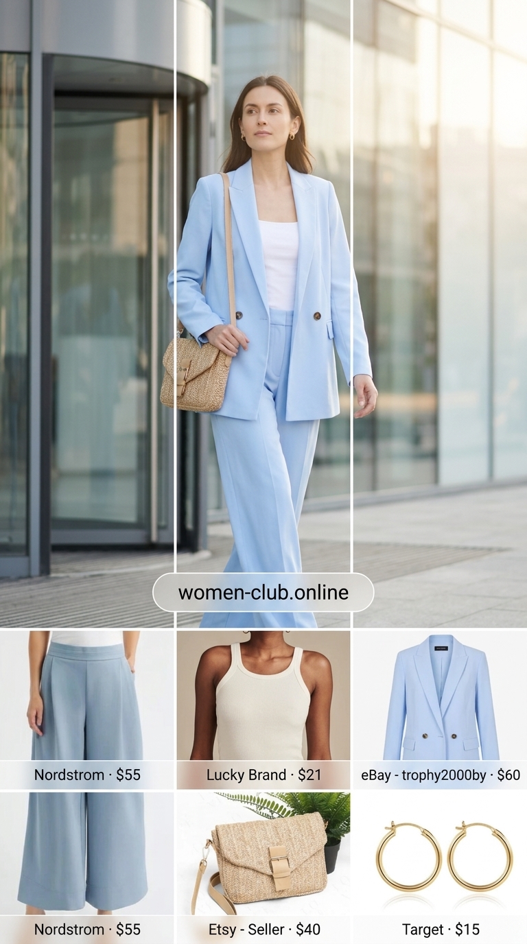 Sky blue linen pants and blazer set for summer trendy work outfits for women 2026. Relaxed and airy office casual.