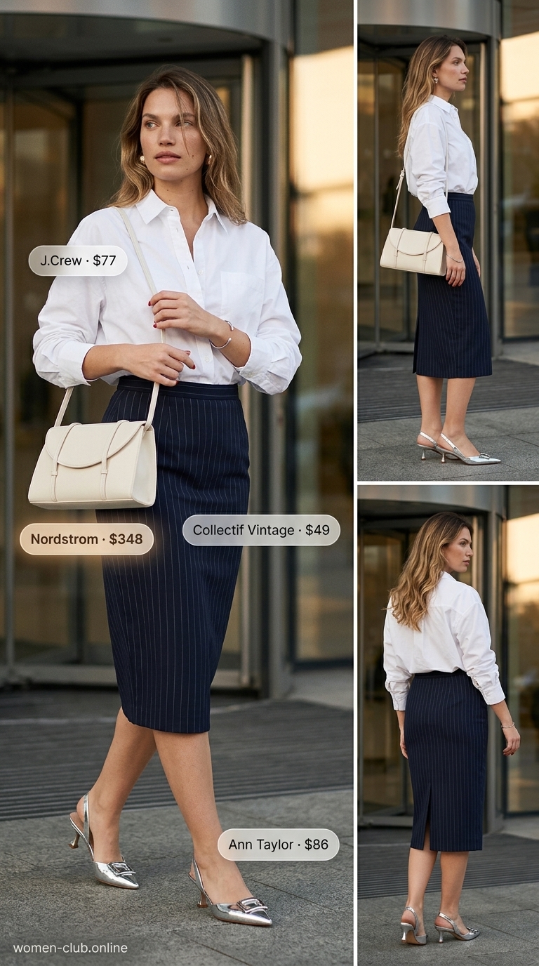 White shirt and pinstripe skirt for summer trendy work outfits for women 2026. Sharp and authoritative office look.