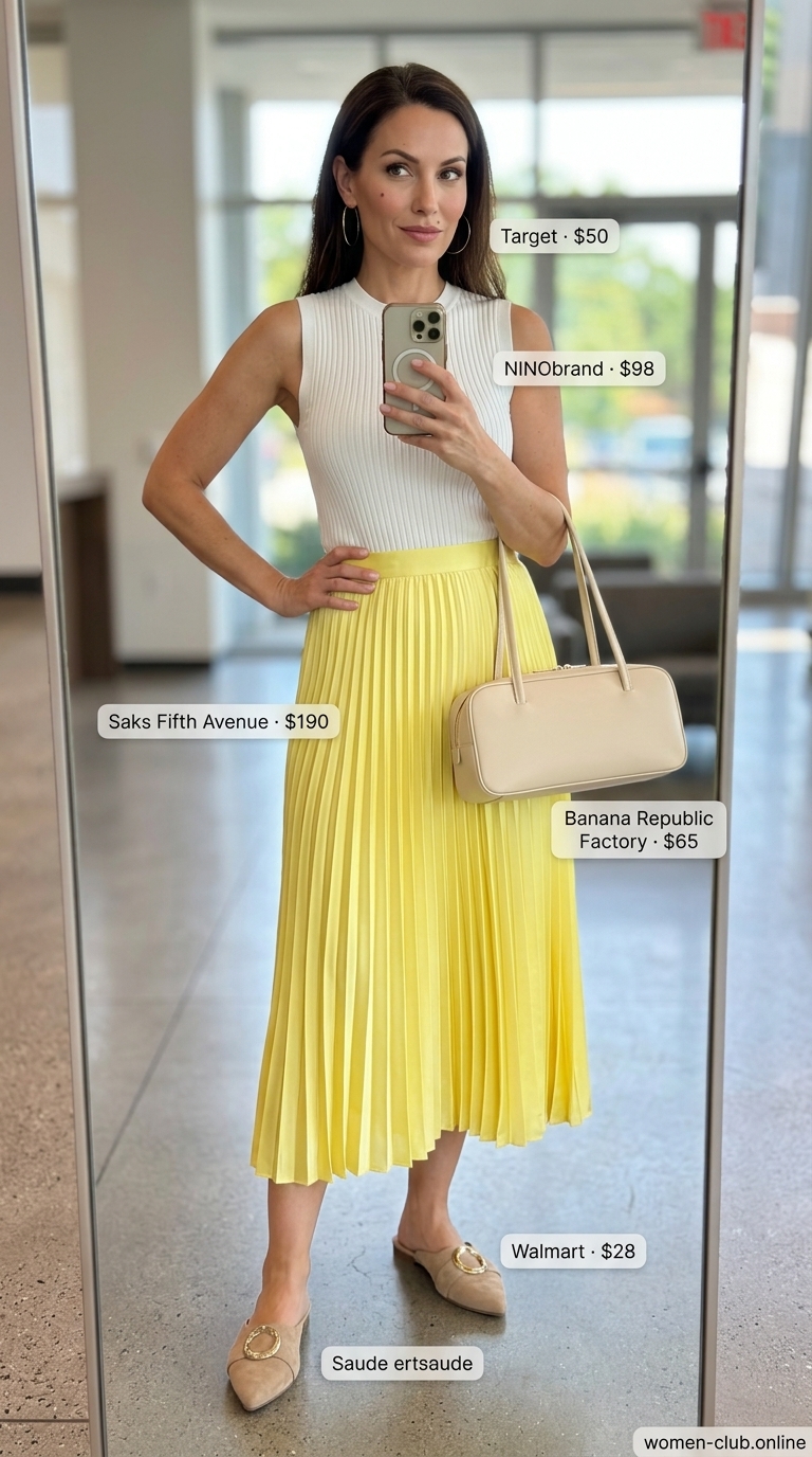 Summer trendy work outfits for women 2026: Lemon yellow pleated midi skirt, white knit top, beige bag, and beige mules.