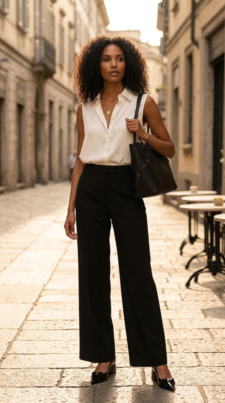 Summer trendy work outfits for women 2026: Black wide-leg trousers, cream silk blouse, gold necklace, and black heels.