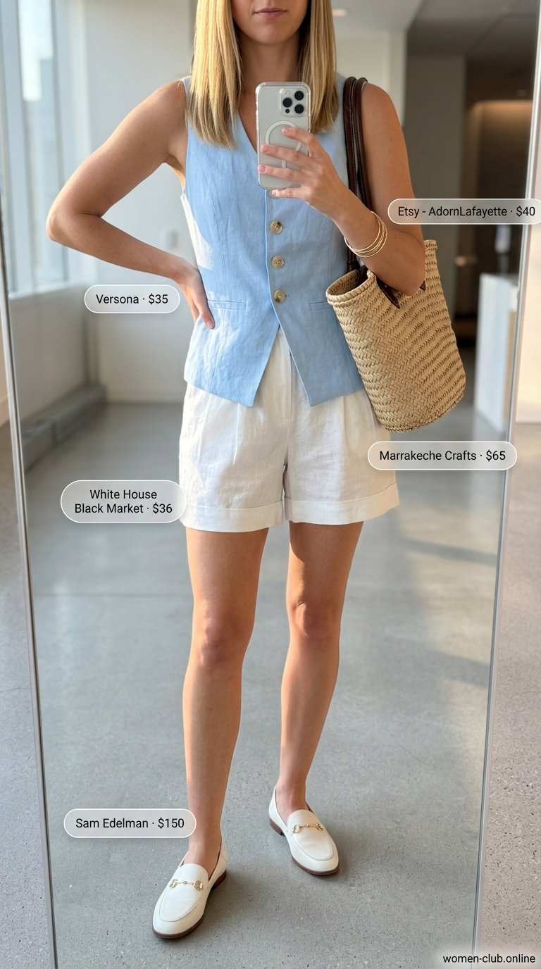 Sky blue linen shorts and vest set for summer trendy work outfits for women 2026. Fresh and chic office casual look.