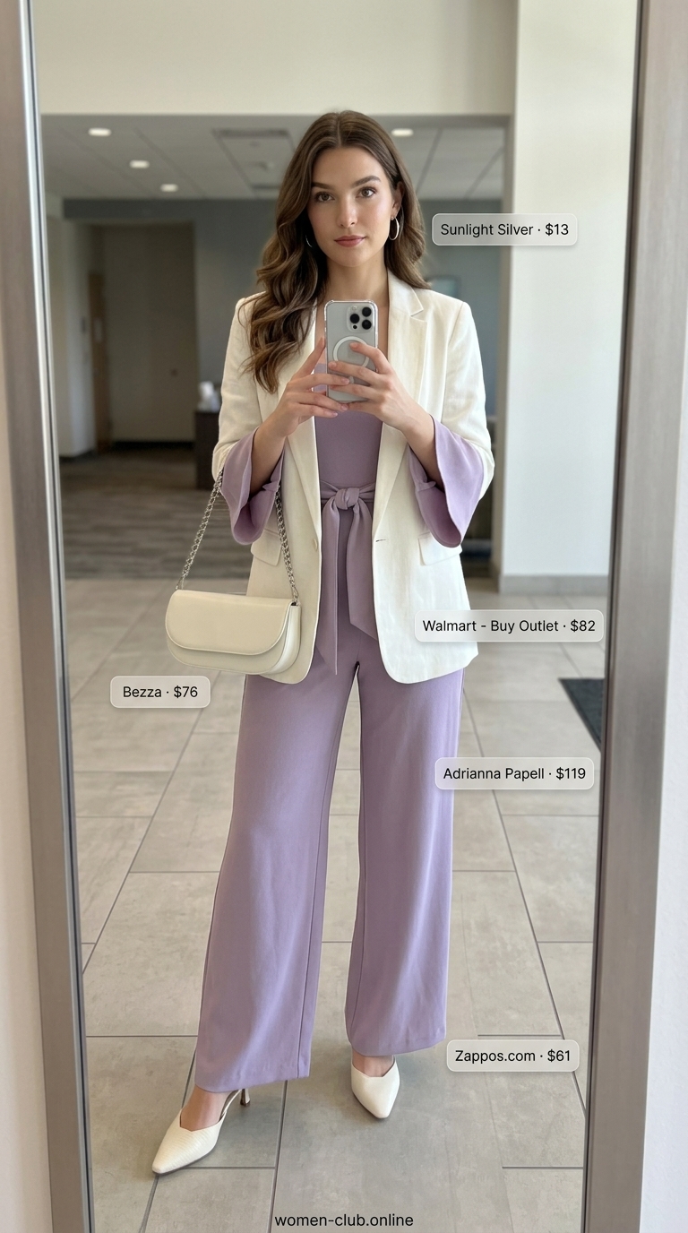Summer trendy work outfits for women 2026: Lavender jumpsuit, cream blazer, cream mules, and silver earrings.