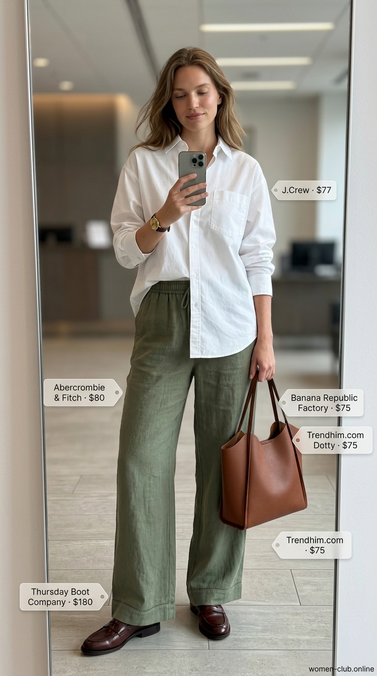 Olive green linen pants outfit for summer trendy work outfits for women 2026. Relaxed yet sophisticated office look.
