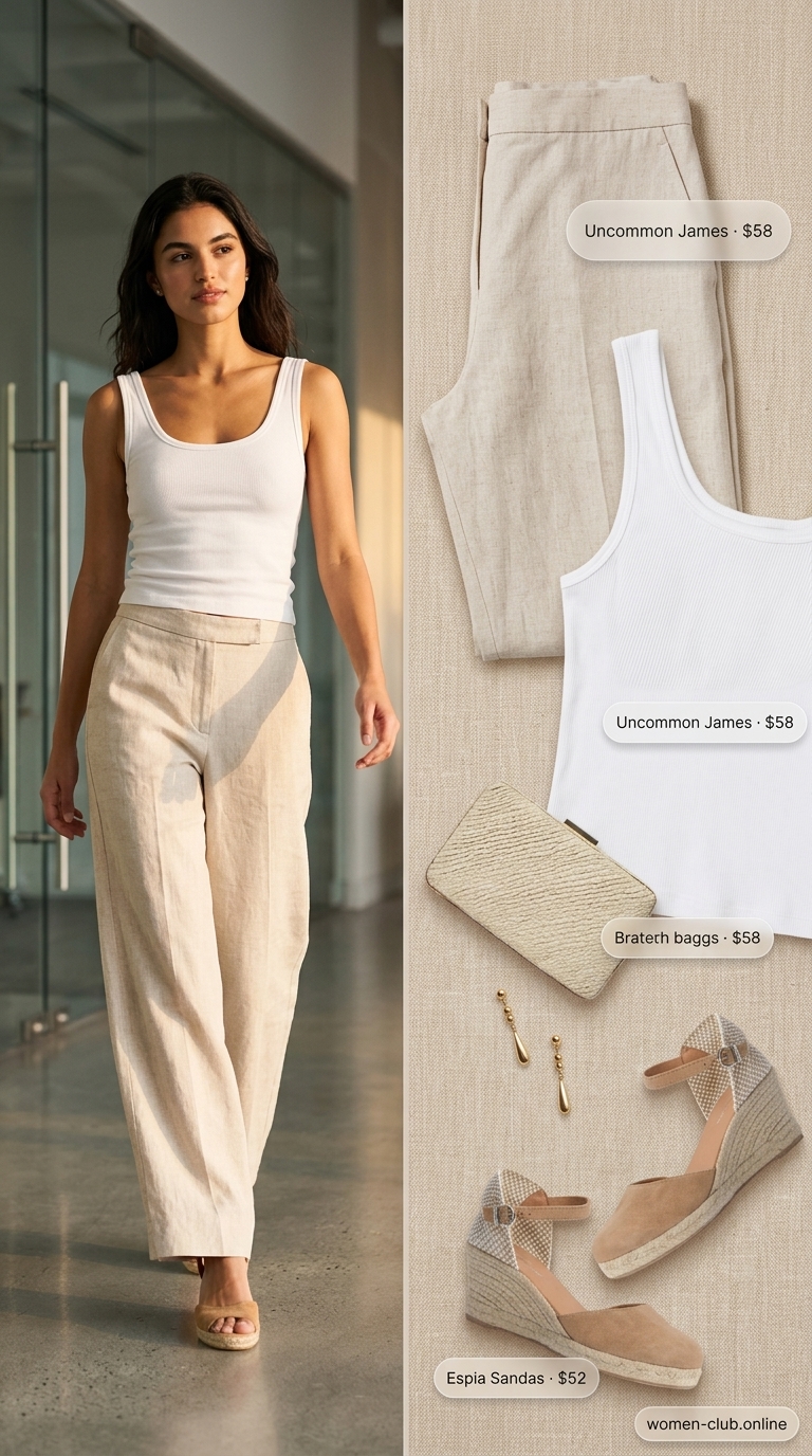 Cream linen co-ord set for summer trendy work outfits for women 2026. Fresh and relaxed business casual look.