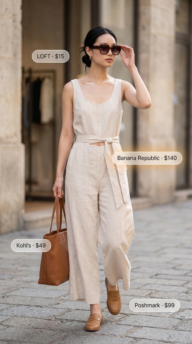 Cream Quiet Luxury Summer Outfits 2026: Jet Set Elegance Cream quiet luxury summer outfits 2026: Linen jumpsuit, caramel bag, loafers, sunglasses for jet set travel.