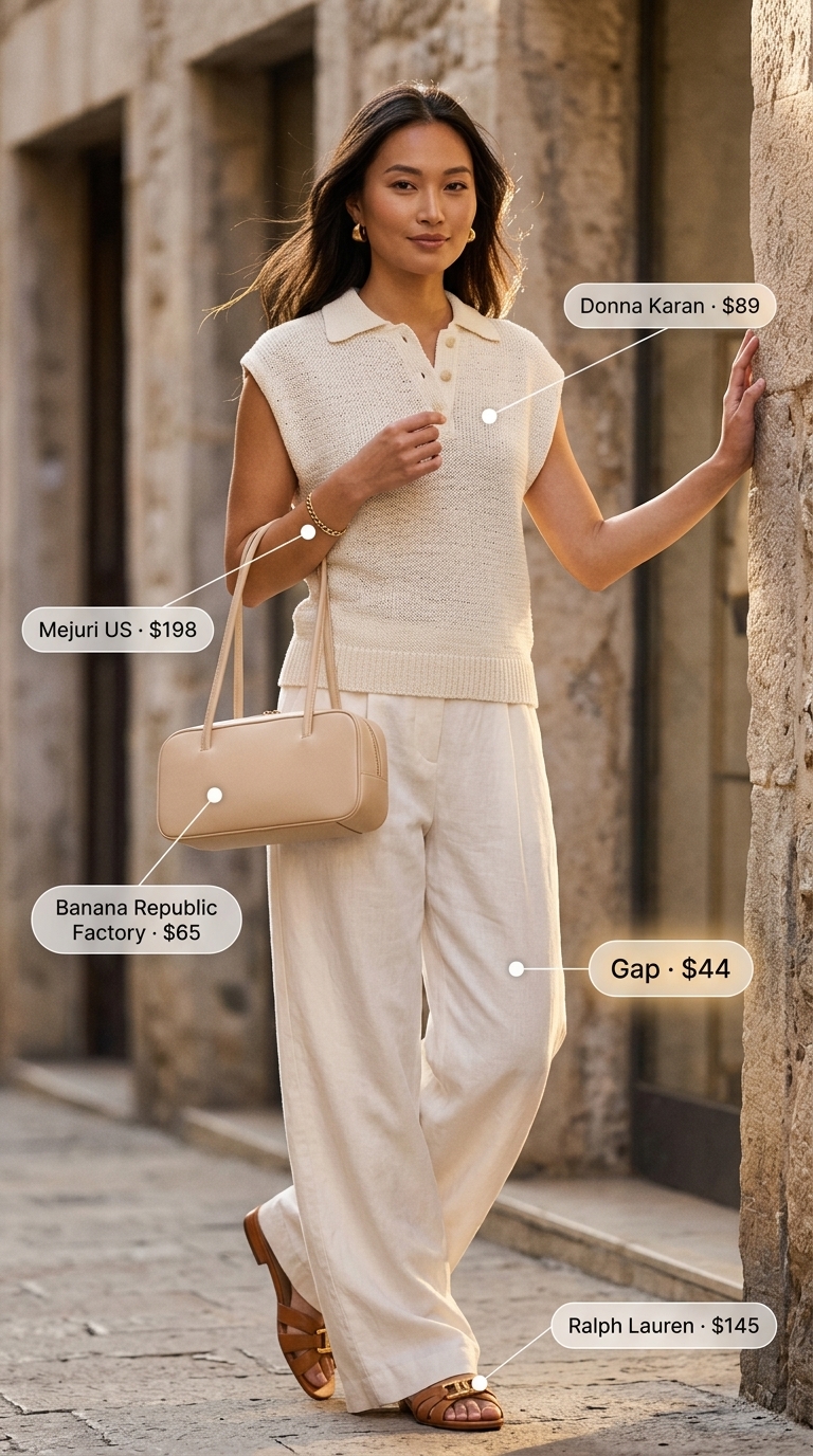 Cream Quiet Luxury Summer Outfits 2026: Resort Ready Cream quiet luxury summer outfits 2026: Wide-leg linen trousers, knit polo top, tan bag, gold bracelet, tan sandals for resort brunch.