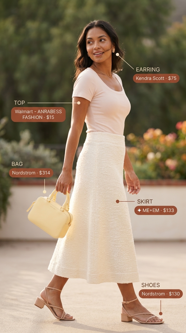Cream Quiet Luxury Summer Outfits 2026: Garden Party Style Cream quiet luxury summer outfits 2026: A-line midi skirt, ribbed knit top, blush bag, rose gold earrings, blush sandals for garden party.