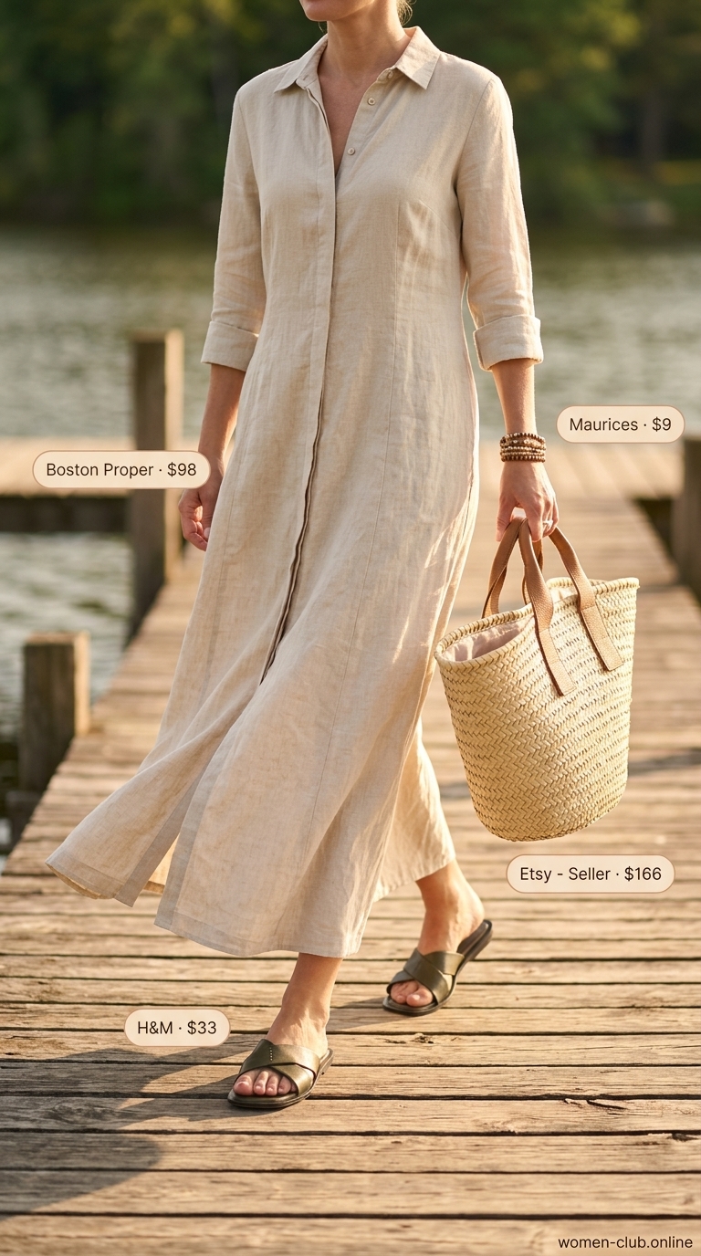 Cream Quiet Luxury Summer Outfits 2026: Lakeside Lunch Cream quiet luxury summer outfits 2026: Linen shirt dress, raffia tote, wood bracelet, and leather slides for a lakeside retreat.