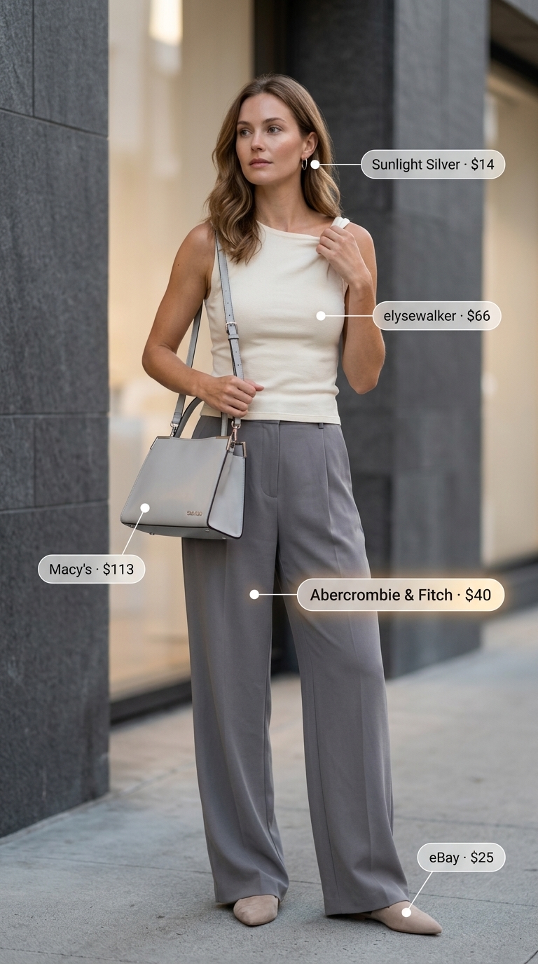 Cream Quiet Luxury Summer Outfits 2026: Urban Minimalist Cream quiet luxury summer outfits 2026: Wool blend trousers, jersey tank, suede mules, and satchel for urban minimalist style.