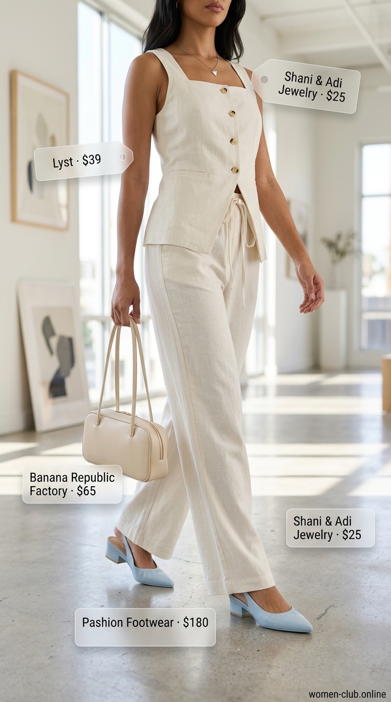 Cream Quiet Luxury Summer Outfits 2026: Summer Office Cream quiet luxury summer outfits 2026: Linen vest set, slingbacks, silver necklace, and structured bag for summer office style.