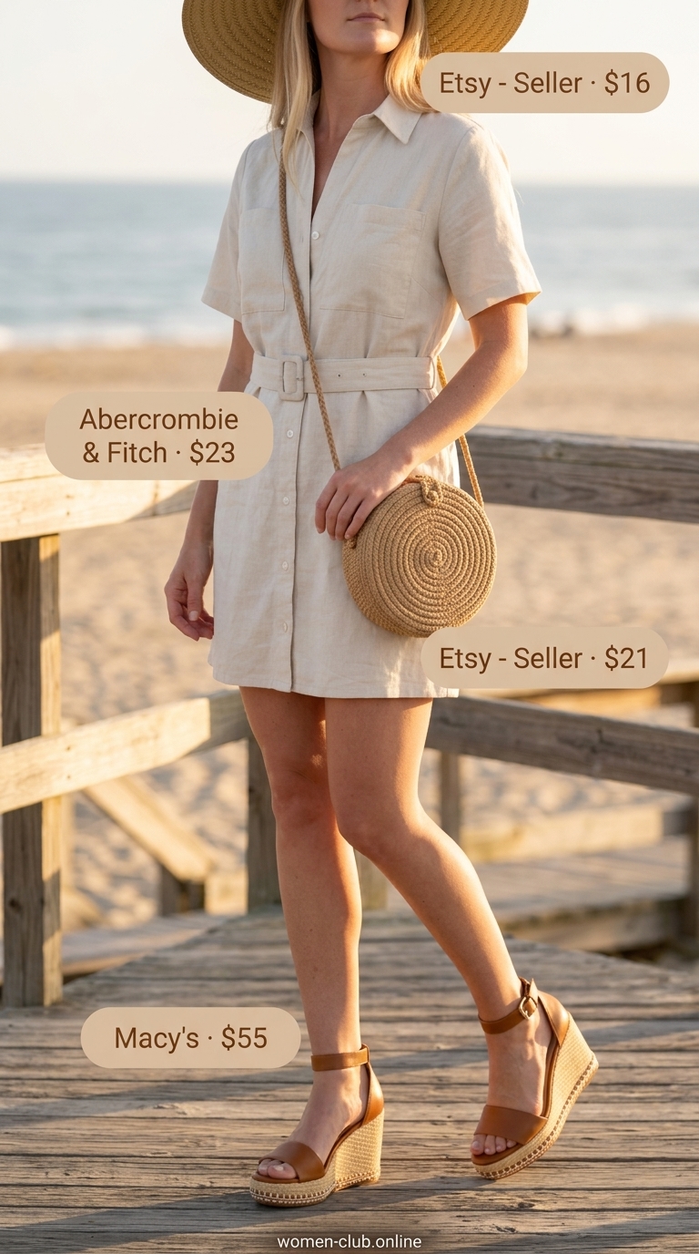 Cream Quiet Luxury Summer Outfits 2026: Coastal Chic Cream quiet luxury summer outfits 2026: Cotton shirtdress, straw bag, straw hat, espadrille wedges for coastal chic.