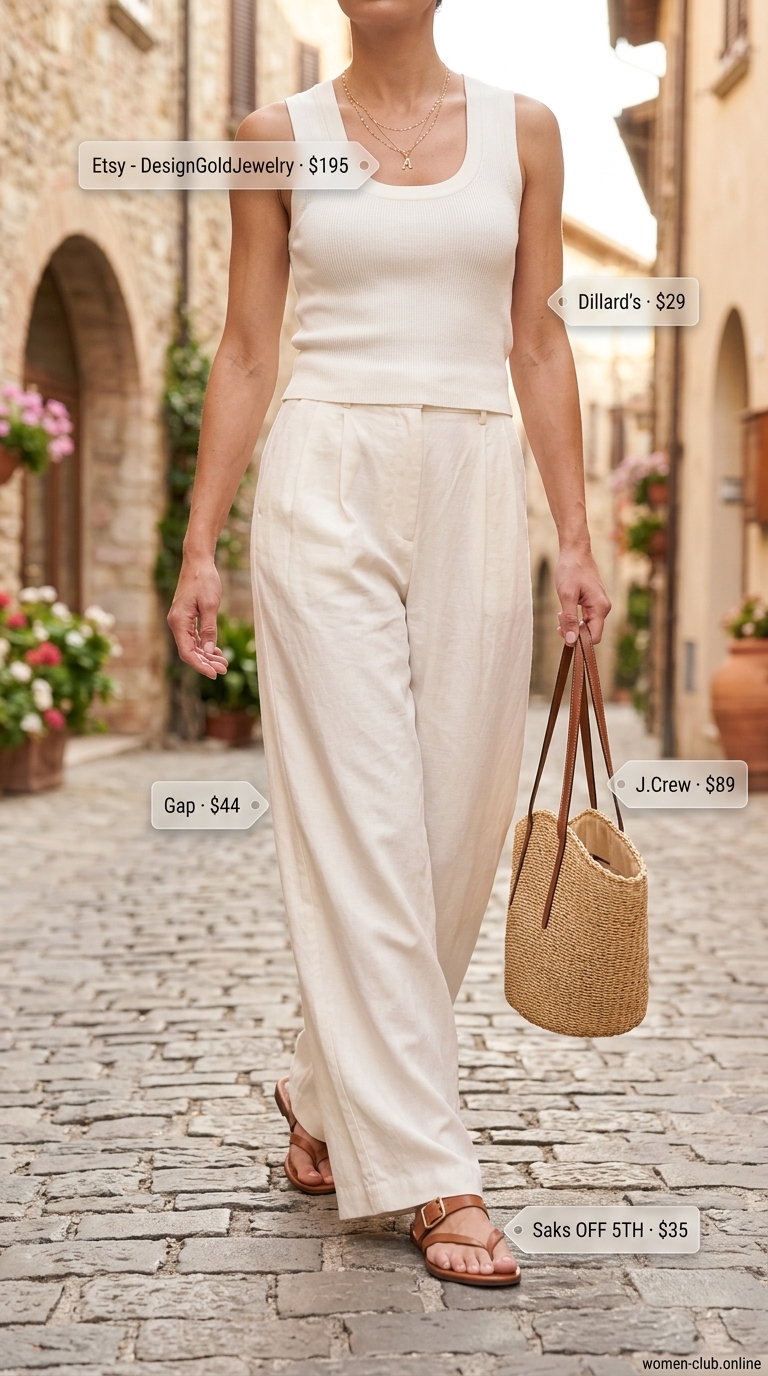 Cream Quiet Luxury Summer Outfits 2026: Brunch Ready Cream quiet luxury summer outfits 2026: Linen trousers, knit tank, leather slides for brunch.