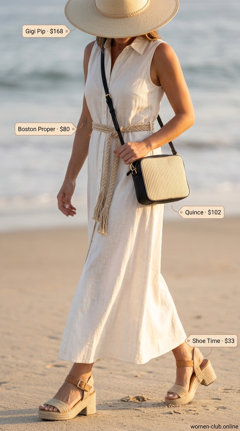 Cream Quiet Luxury Summer Outfits 2026: Beach Elegance Cream quiet luxury summer outfits 2026: Ivory linen maxi dress, espadrilles, straw hat for beach dinner.
