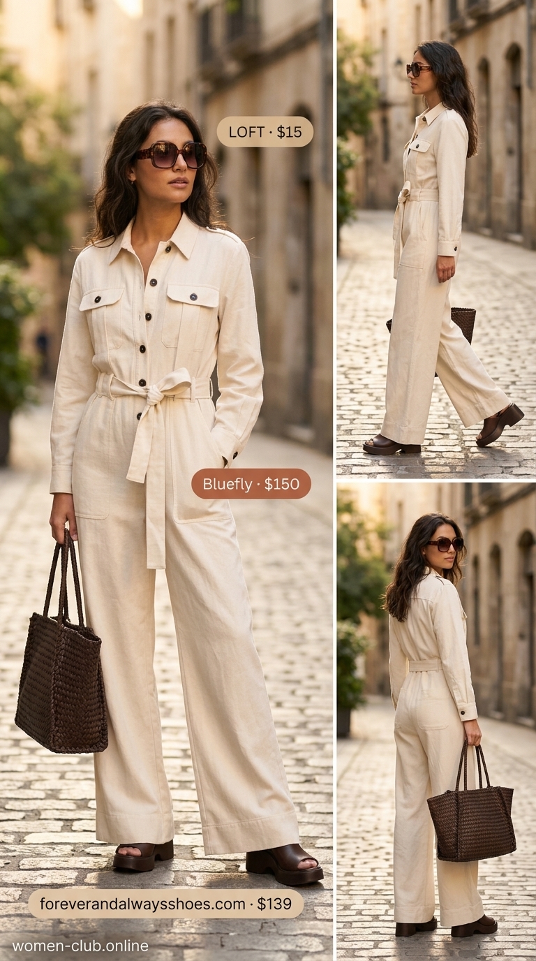 Cream Quiet Luxury Summer Outfits 2026: Day Trip Style Cream quiet luxury summer outfits 2026: Linen utility jumpsuit, cognac sandals, tortoiseshell sunglasses, woven tote for day trips.