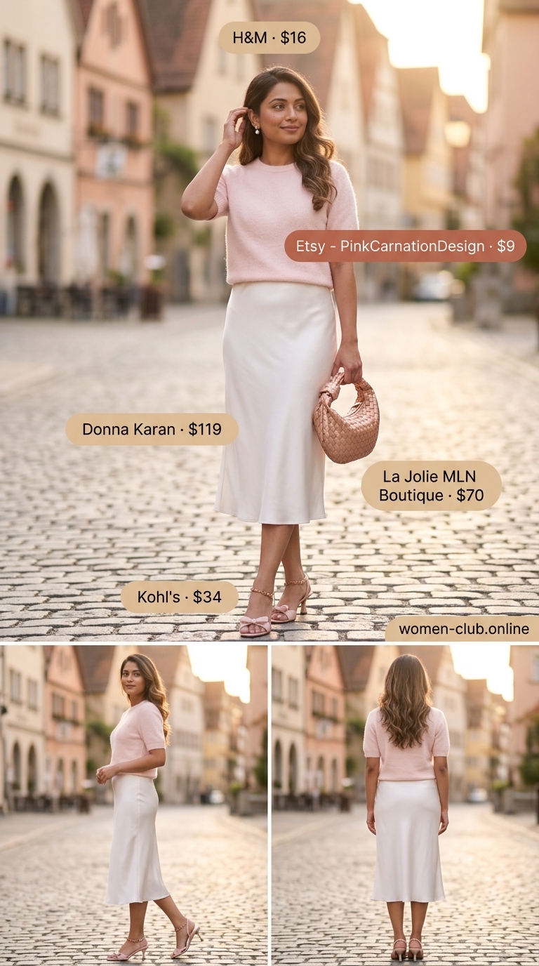 Cream Quiet Luxury Summer Outfits 2026: Garden Party Cream quiet luxury summer outfits 2026: Satin midi skirt, knit sweater, mules for garden party.