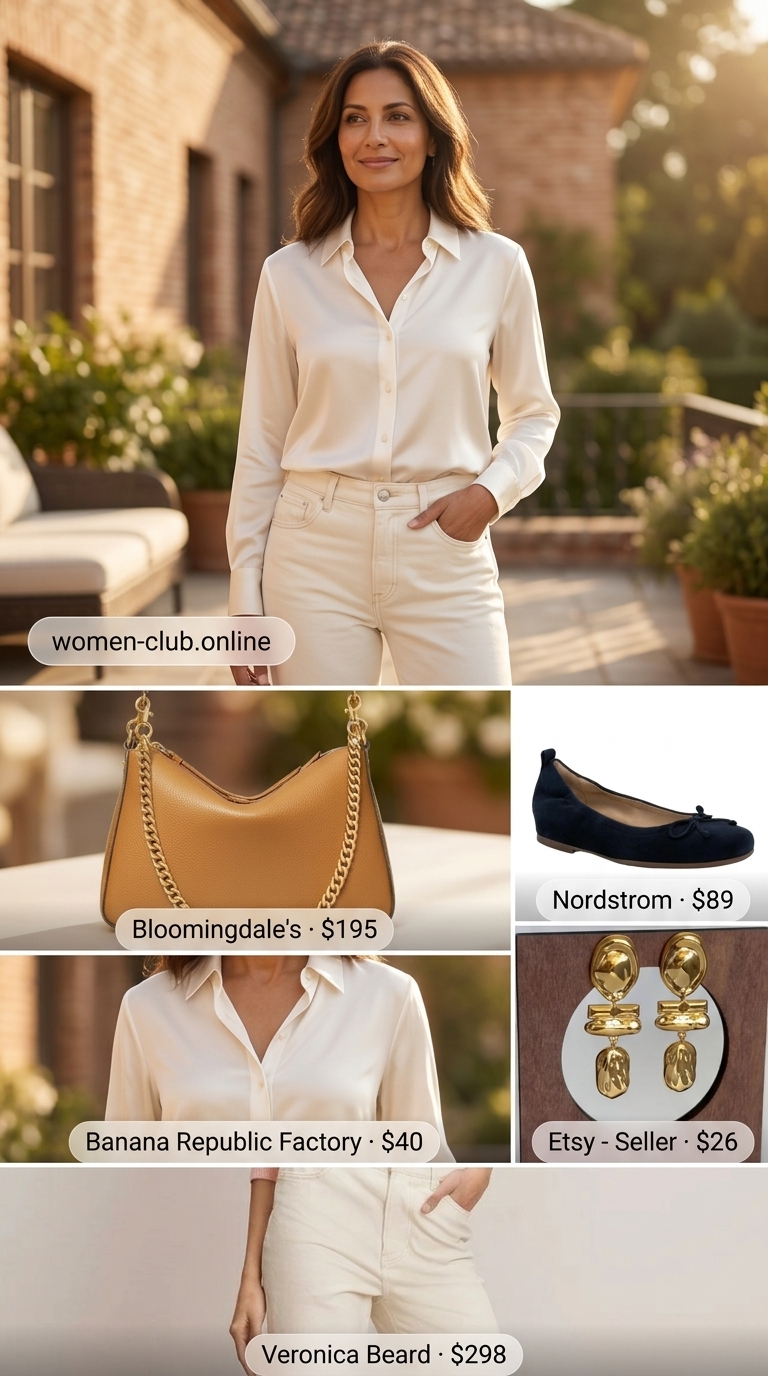 Cream Quiet Luxury Summer Outfits 2026: Weekend Casual Cream quiet luxury summer outfits 2026: Cream denim jeans, silk shirt, ballet flats for weekend.