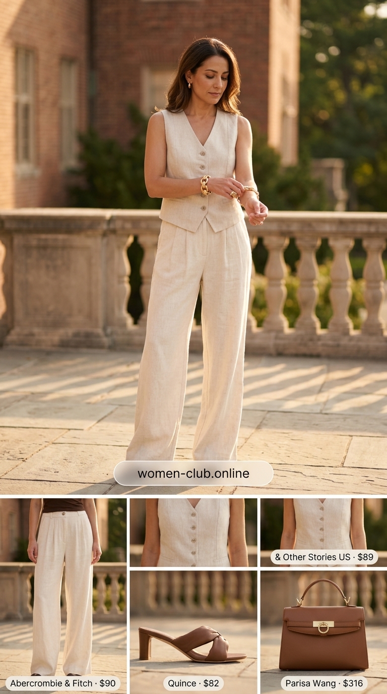 Cream Quiet Luxury Summer Outfits 2026: Executive Chic Cream quiet luxury summer outfits 2026: Linen vest, wide-leg trousers, leather mules, and structured bag for an executive retreat.