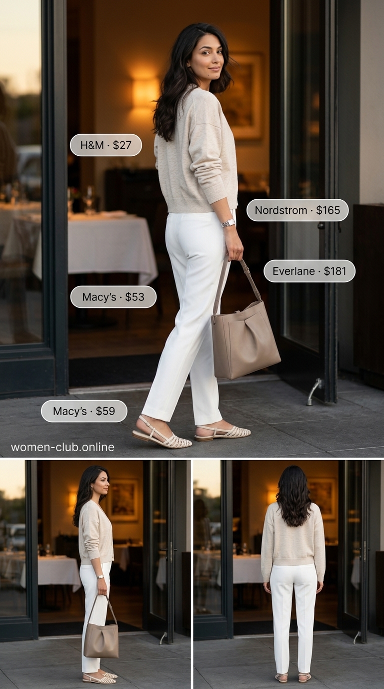 Cream Quiet Luxury Summer Outfits 2026: Evening Chic Cream quiet luxury summer outfits 2026: Beige-cream knit cardigan top, white trousers, silver watch, taupe bag, off-white flats for evening.