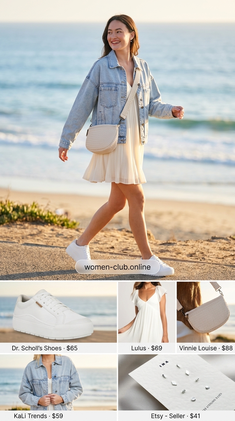 Cream Quiet Luxury Summer Outfits 2026: Summer Daydream Cream quiet luxury summer outfits 2026: A-line mini dress, denim jacket, crossbody bag, and sneakers for a casual day out.
