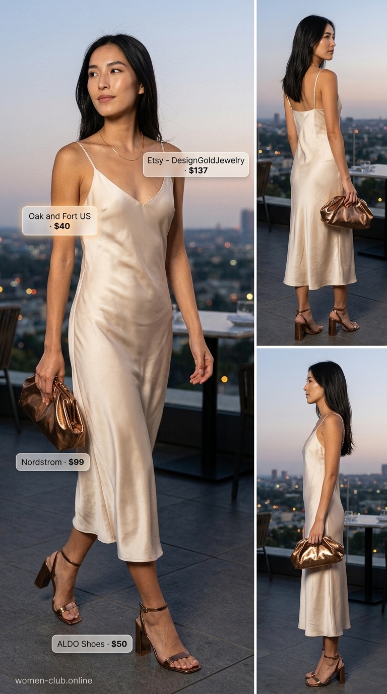 Cream Quiet Luxury Summer Outfits 2026: Sunset Soiree Cream quiet luxury summer outfits 2026: Silk slip dress, linen blazer, metallic clutch, sandals, and gold necklaces for a soiree.