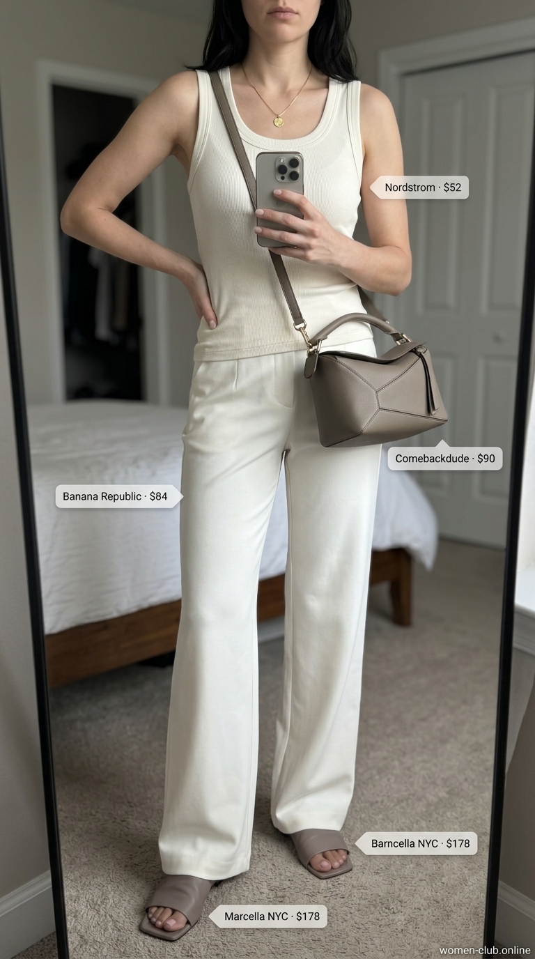 Cream Quiet Luxury Summer Outfits 2026: Daytime Chic Cream quiet luxury summer outfits 2026: Wide-leg trousers, knit tank, leather slides for daytime.