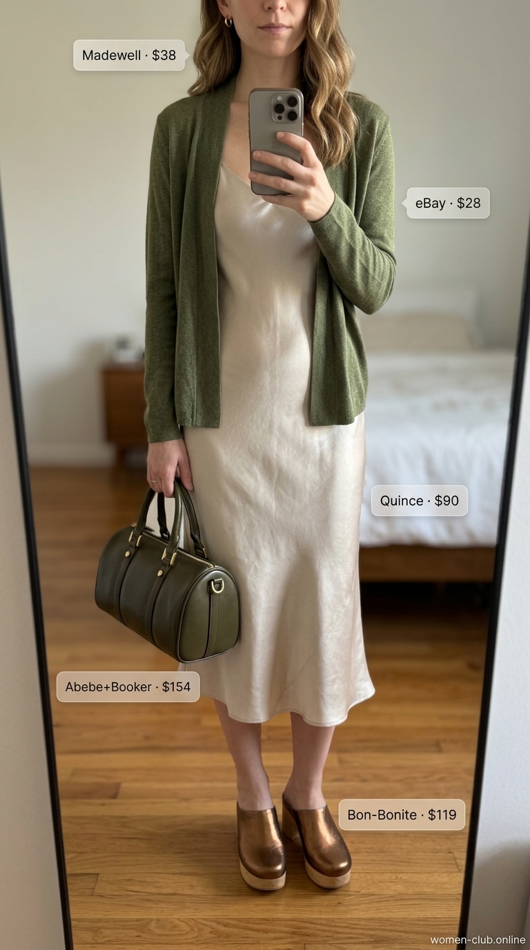 Cream Quiet Luxury Summer Outfits 2026: Date Night Chic Cream quiet luxury summer outfits 2026: Olive green mini dress, knit cardigan, metallic mules for date night.