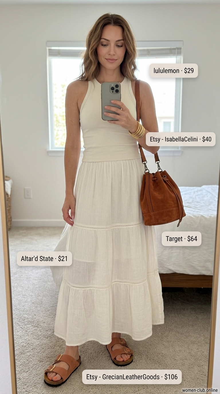 Cream Quiet Luxury Summer Outfits 2026: Desert Luxe Cream quiet luxury summer outfits 2026: Tiered maxi skirt, ribbed tank, suede slides for desert oasis.