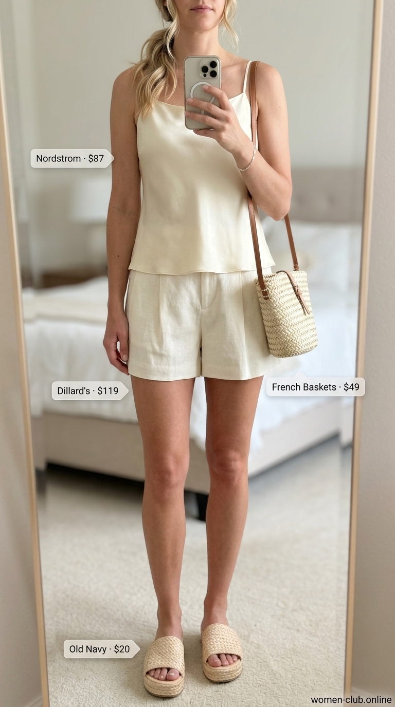 Cream Quiet Luxury Summer Outfits 2026: Coastal Breeze Cream quiet luxury summer outfits 2026: Linen shorts, silk cami, espadrilles for coastal.