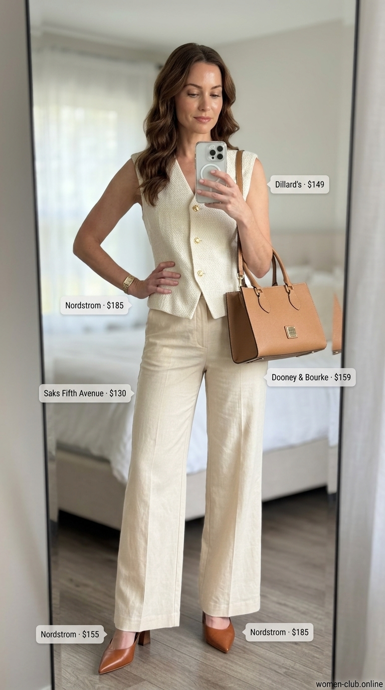 Cream Quiet Luxury Summer Outfits 2026: Work Ready Cream quiet luxury summer outfits 2026: Camel vest, wide-leg trousers, mules for smart casual work.